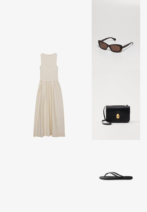 Beige ärmlös klänning med rundad halsringning, åtsittande bodice och en lös, flödande kjol. Slät tyg med en mjuk textur och subtil lyster.; Svart flip-flop med en texturerad gummisula, två slanka remmar och en subtil, präglad logodetalj på remmen.; Sköldpadds-inspirerade solglasögon med en elegant kattöddesign, bruna linser och guld "RALPH"-logotyp på skalmarna. Slät plastbåge.; Svart läderhandväska med en strukturerad rektangulär form. Har ett gyllene ovalt lås och ett tunt axelband. Slät textur.