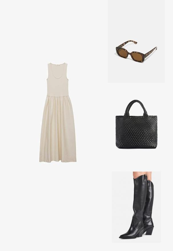 Bež haljina bez rukava s izrezom u obliku suze, prilagođenim korzetom i labavom, lepršavom suknjom. Glatka tkanina s mekom teksturom i suptilnim sjajem.; Crne kožne čizme do koljena s ispicanim vrhom, zakrivljenim okvirom i debelim potplatom. Imaju glatku teksturu i trake za povlačenje na vrhu.; Tortoiseshell naočale s okvirima u obliku kruga i debelom konstrukcijom, te smešnim lećama. Imaju suptilne uzorke i ravne, sužene nogice.; Crna torba od tkanine s dva držača, koja ima teksturiranu površinu i pravokutni oblik. Jednostavan, jedinstven dizajn bez vidljivih dijelova hardvera.