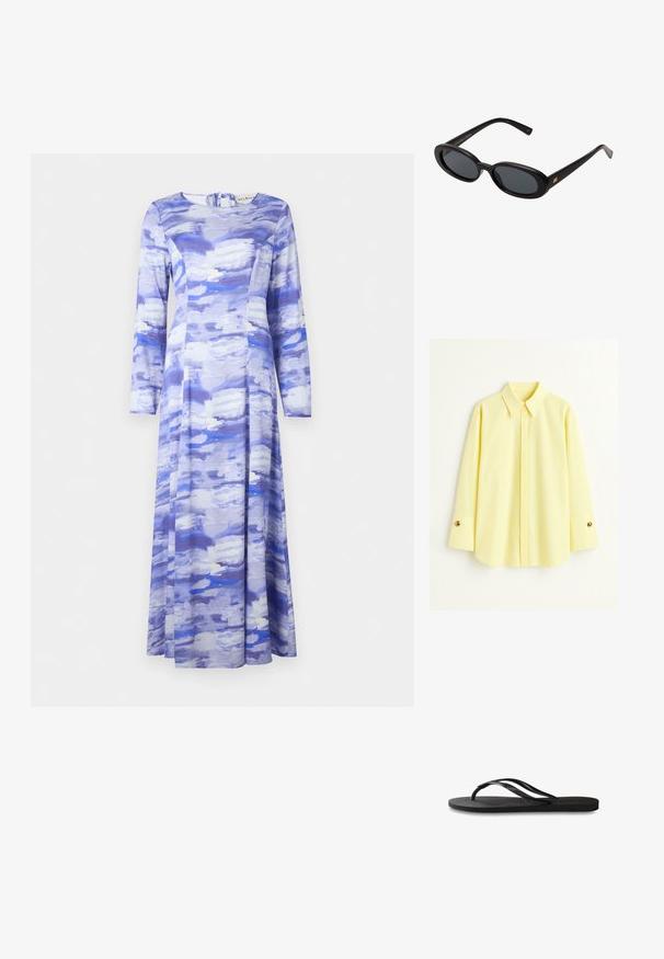 Haljina dugih rukava od lagane tkanine, s apstraktnim uzorkom u plavoj i bijeloj boji, okrugli izrez i zatvaranje na zipu sa stražnje strane.; Žuta majica dugih rukava napravljena od lagane tkanine. Ima klasičnu kragnu i zlatne dugmadi na manžetama. Glatka tekstura.; Crne japanke s teksturiranom gumenenom potplatom, dva uska remena i suptilnim, urezanim logom na remenu.; Crne velike sunčane naočale s ovalnim staklima, glatkim plastičnim okvirom i zlatnim detaljima na sljepočnicama. Tamna stakla pružaju zaštitu od sunca.