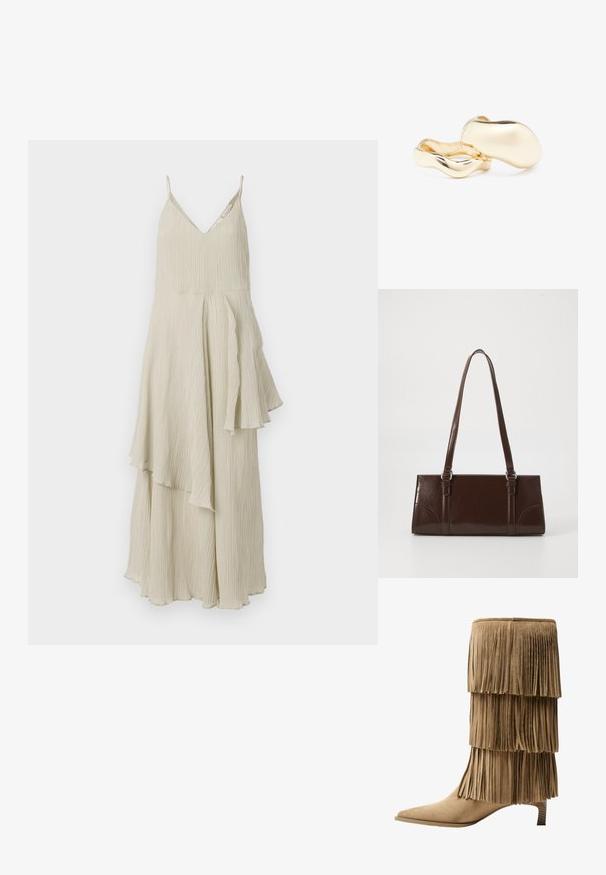 Krém színű ruha V-nyakkivágással, vékony pántokkal, és lebegő, réteges dizájnnal, amely texturált redőket és aszimmetrikus szegélyeket tartalmaz.; Kávébarna velúr szárú csuklócsizma, háromrétegű frufruval. Hegyes orr és alacsony blokk sarkú. Az anyag sima textúrájú.; Barna lakkbőr kézitáska, téglalap alakú, két hosszú fogantyúval és finom ívelt díszítéssel az elején.; Aranyszínű fülbevalók, organikus, bab formájú és sima, fényes felületűek; minimalista dizájnnal rendelkeznek, látható szerelvények nélkül.