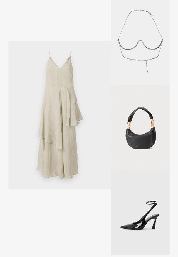 Haljina boje kreme s V-izrezom, tankim naramenicama i lepršavim, slojevitim dizajnom koji sadrži teksturirane nabore i asimetrične rubove.; Crne lakirane slingback cipele s visokom potpeticom, u obliku špice, s podesivim remenom oko gležnja i umjerenom blok-potpeticom. Glatka tekstura s sjajnim završetkom.; Crna kožna torba s okruglim oblikom, mekim teksturom i čvorastom ručkom s zlatnim metalnim detaljima. Zatvaranje na patentni zatvarač.; Cult Gaia ASHA BODY JEWELRY - Ostali dodaci - bright shiny silver-coloured