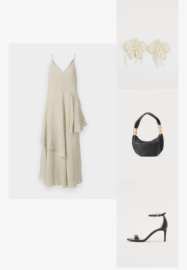 Grietos spalvos suknelė su V formos iškirpte, plonais petnešėlėmis ir plačiu, sluoksniuotu dizainu, kuriame matomi tekstūruoti raukiniai ir asimetrinės apatinės briaunos.; Juodos oda aukštakulniai sandalai su kulkšnies dirželiu. Pasižymi lygiu paviršiumi, atviru pirštu ir plonu kulnu. Auksinės spalvos sagties detalė.; Juodas odinis rankinukas apvalios formos, minkštos tekstūros su susietu rankena ir auksinės spalvos detalėmis. Užtrauktuko uždarymas.; Perlo gėlių auskarai su auksiniais akcentais. Kiekviena žiedlapio dalis puošia mažos, apvalios perlo formos, išdėstytos gėlių raštu, su nukarusiais perlų akcentais.