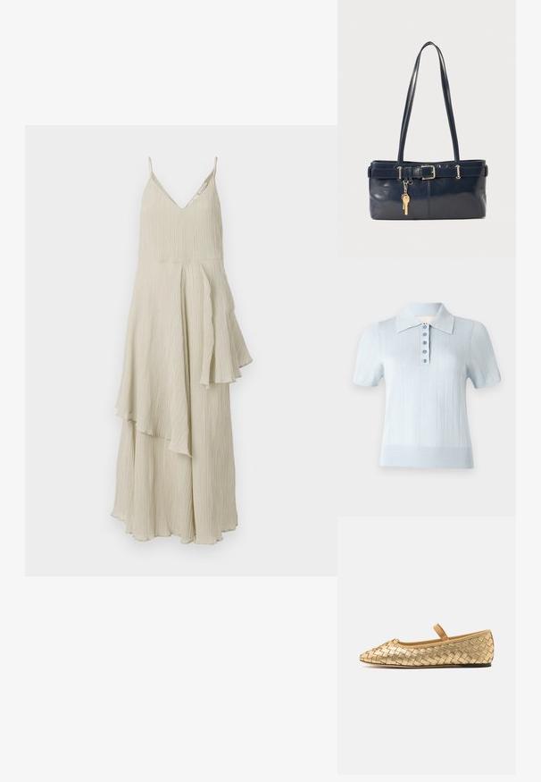 Kremskrāsas kleita ar V-veida kakla izgriezumu, plānām siksnām un plūstošu, slāņotu dizainu ar tekstūrētiem krokām un asimetriskām apakšmalām.; Gaiši zila īsām piedurknēm polo krekls ar ribotu tekstūru, plakanu apkakli un priekšējo pogu rindu, kas sastāv no sešām saskaņotām pogām.; Loeffler Randall LEONIE SOFT BALLET FLAT - Baletkurpes ar siksniņu ap potīti - gold; Jūras spēku stila ādas rokassoma ar divām garām rokturiem, ar sprādzi un pievienotu atslēgu piekariņu. Iezīmējas ar gludu tekstūru un taisnstūra formas.