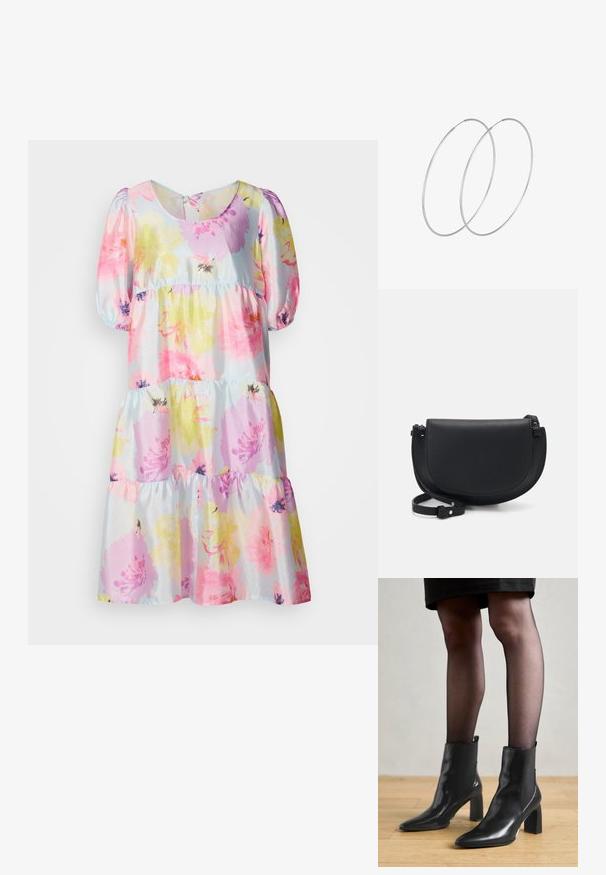 Kwiatowa sukienka w pastelowe różowe, żółte i fioletowe kwiaty na jasnoniebieskim tle. Bufiaste rękawy i warstwowy krój spódnicy.; Czarne skórzane botki za kostkę z ostro zakończonym noskiem, masywnym kwadratowym obcasem i eleganckim designem. Posiadają elastyczne boczne panele dla łatwego zakładania.; Czarna skórzana torba na ramię o zakrzywionym kształcie, z zamknięciem na magnes, regulowanym paskiem i wytłoczonym logo z przodu.; Srebrne kolczyki w formie obręczy o minimalistycznym designie. Okrągły kształt, gładka faktura i cienki profil. Lekkie, z polerowanym wykończeniem.