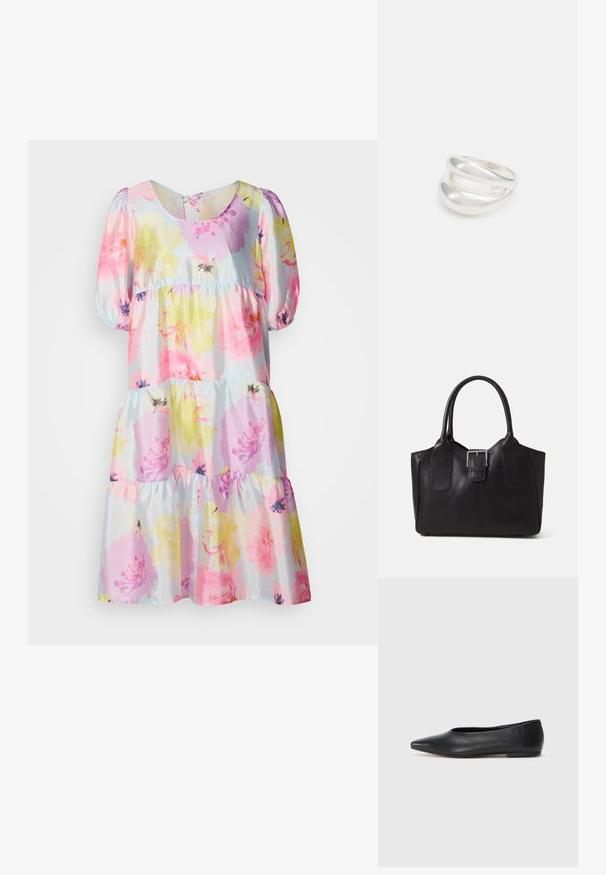 Floral dress featuring pastel pink, yellow, and purple flowers on a light blue background. Puff sleeves with a tiered skirt design.; Black leather ballet flat, pointed toe, minimalistic design, smooth texture, low-profile heel, no visible hardware or embellishments.; Black leather tote bag with smooth texture, structured shape, two handles, and a prominent silver buckle detail on the front.; Silver double-band ring with a smooth, polished surface. Features a fluid, curved design with overlapping sections for a modern look.