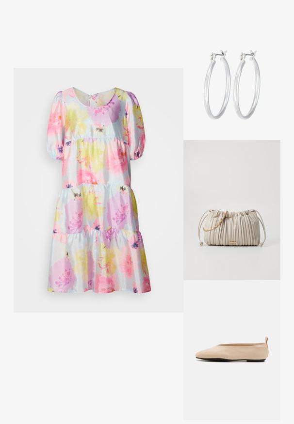 Floral dress featuring pastel pink, yellow, and purple flowers on a light blue background. Puff sleeves with a tiered skirt design.; Beige leather ballet flats with a low-profile design, round toe, and black rubber sole, featuring a small rear loop for easier wear.; Pleated cream handbag made of soft material, featuring a braided gold chain accent and drawstring closure for adjustable shape.; Silver hoop earrings with a smooth, polished finish. Round shape and secure click-top closure. Lightweight design suitable for everyday wear.