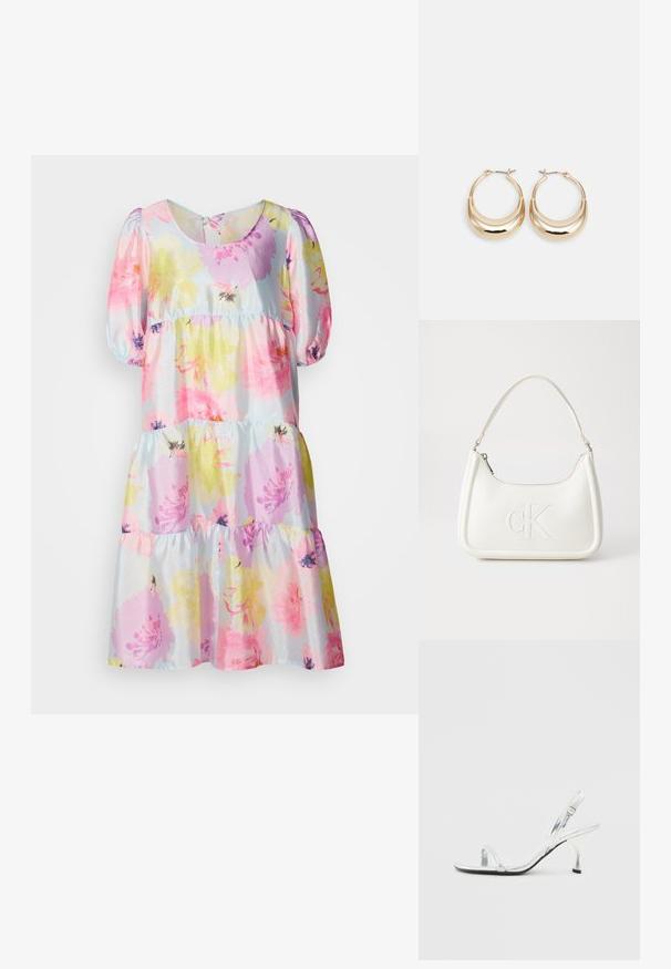 Rochie florală cu flori în nuanțe de roz pal, galben și violet pe un fundal bleu deschis. Mâneci tip puff și design cu fustă în straturi.; Sandale cu toc înalt slingback din piele patent argintie, cu o curea îngustă pe degete, cataramă ajustabilă și un toc subțire.; Geantă de umăr din piele albă cu formă curbată, având un logo "CK" embosat pe partea din față și un singur braț de umăr. Închidere cu fermoar în partea de sus.; Cercei tip hoop cu tonuri de aur, în formă de semilună, cu suprafață lustruită și închidere cu balama. Textură netedă și finisaj reflectant care îmbunătățesc vizibilitatea.