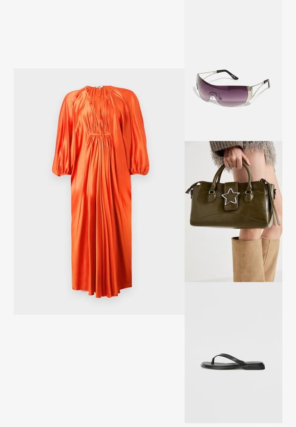 Oranžové saténové šaty s dlhými puff rukávmi, hlbokým V-výstrihom a nahrnutými záhybmi v páse, siahajúce po strednú dĺžku lýtok. Hladká textúra.; Čierne šľapky vyrobené z hladkej kože, s tenkým pásikom a plochou podrážkou s minimalistickým profilom. Bez výrazných vzorov alebo akcentov.; Slnečné okuliare s veľkým, zaobleným purpurovým sklom, striebornými kovovými akcentmi a čiernymi stranami so značkou. Na ráme sú viditeľné textúrované detaily.; Olive zelená kabelka z faux kože s striebornou hviezdou, dvojitými uchami a zipsovým uzáverom. Textúrovaný povrch a štruktúrovaný tvar.
