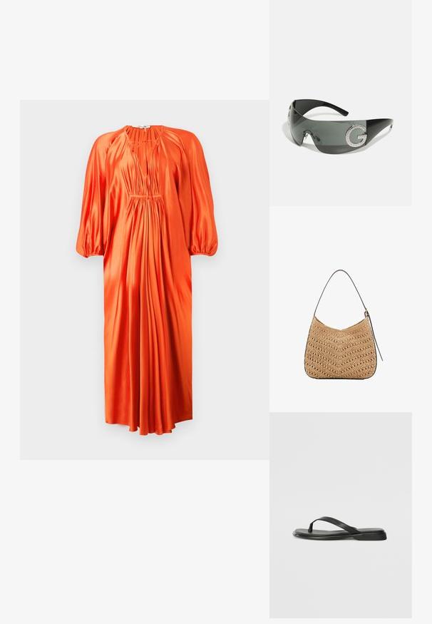 Oranžové saténové šaty s dlouhými nabíranými rukávy, hlubokým V výstřihem a nařasenými sklady v oblasti pasu, sahajícími až ke středu lýtek. Hladká textura.; Černé žabky vyrobené z hladké kůže, s tenkým designem popruhu a plochou podrážkou s minimálním profilem. Žádné výrazné vzory ani akcenty.; Černé sluneční brýle s elegantním designem, šedými tónovanými čočkami, vybavené velkým logem "G" zdobeným krystaly na boku.; Tkaná slaměná taška na rameno s zakřiveným tvarem, která má tmavý kožený popruh a texturovaný povrch s chevronovým vzorem.