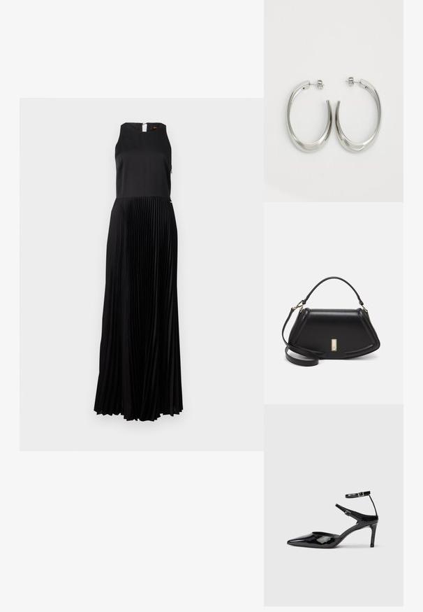 Black pleated maxi dress with a sleeveless design, high neckline, and concealed zipper at the back. Smooth top fabric contrasts with textured pleats.; Black patent leather heels with a pointed toe, adjustable ankle straps, and a slender heel. Smooth texture with a shiny finish.; Black leather handbag with a structured design, featuring a cropped shape, top handle, and gold hardware accent. Adjustable shoulder strap included.; Silver hoop earrings with a smooth, curved design. Features a shiny metallic finish and stud closure. No visible patterns or accents.