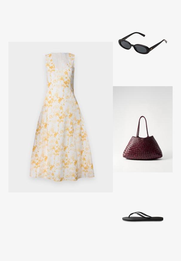Ujjatlan, V-dekoltázsú ruha fehér alapon sárga virágmintával. A-vonalú fazon, térdhez érő hosszúságú, rejtett hátsó cipzárral és sima textúrával.; Fekete papucs texturált gumitalppal, két vékony pánttal és finom, domború logóval a pánton.; Fekete, oversize napszemüveg ovális lencsékkel, sima műanyag kerettel és arany részletekkel a fülpánton. Sötét lencséi védelmet nyújtanak a napfény ellen.; DRAGON DIFFUSION SANTA CROCE BIG - Kézitáska - bordo