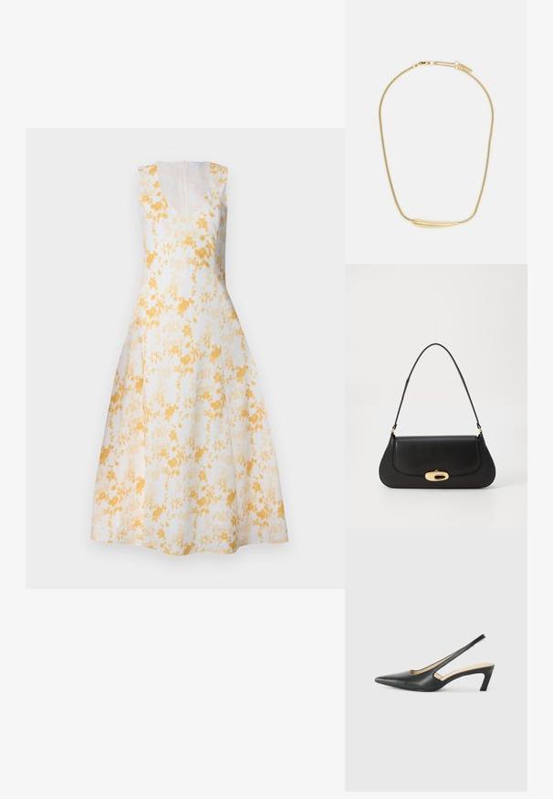 Vestido sin mangas, con escote en V, en blanco con un estampado floral amarillo. Corte en A, llega a la rodilla, con cremallera oculta en la parte trasera y textura suave.; Zapato negro de punta afilada tipo slingback con un tacón bajo, que presenta un material de cuero suave y un diseño recortado en el lateral para mayor transpirabilidad.; Bolso de mano de cuero negro con un diseño curvado, herrajes en tono dorado y un mango superior. Presenta un cierre elegante y una textura suave.; Collar de oro con un acento central suave y curvado. Presenta una cadena flexible con un cierre de langosta y enlaces de cadena adicionales ajustables.