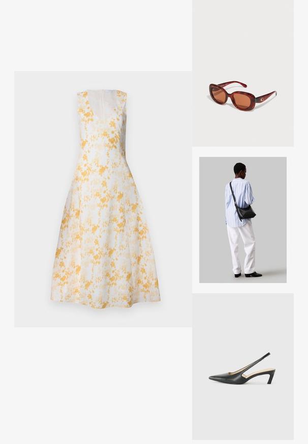 Bezramenné šaty s výstrihom do V v bielej farbe s žltým kvetinovým vzorom. A-línie, po kolená, so skrytým zipsom na chrbte a hladkou textúrou.; Čierne slingback topánky s ostrou špičkou a nízkym opätkom, vyrobené z hladkej kože a s výrezmi na boku pre lepšiu priedušnosť.; Slnkočervené slnečné okuliare s obdĺžnikovým rámom, s hnedými sklami. Doplnkové malé zlaté logo na pravej trámke.; Čierna kožená ramenná taška so mäkkou textúrou, trojuholníkovým tvarom a nastaviteľným popruhom, skombinovaná s svetlomodrou pruhovanou košeľou a bielymi nohavicami.