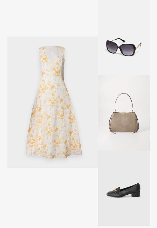 Bezramenní šaty s výstřihem do V v bílé barvě s žlutým květinovým vzorem. A-linie, délka po kolena, se skrytým zipem na zadní straně a hladkým povrchem.; Černé kožené loferské boty s plochým podpatkem, zdobené zlatým kovovým detailem na přední straně a hladkým povrchem.; Černé oversized sluneční brýle se gradientními skly, silnými rámy a zlatými řetízkovými detaily na nožičkách.; Tommy Hilfiger CASUAL SHOULDER BAG - Kabelka - coastal taupe