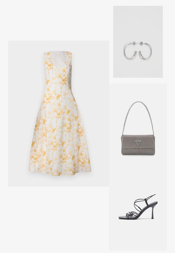 Rochie fără mâneci, cu decolteu în V, de culoare albă, cu un model floral galben. Formă în A, până la genunchi, cu un fermoar ascuns la spate și textură netedă.; Sandale negre cu toc înalt au curele subțiri cu un design legat, un vârf pătrat neted și un toc stiletto elegant.; Geantă metalică gri deschis, cu un strap din lanț, decorată cu mici ținte circulare metalice și un logo de marcă triangular.; Cercei rotunzi din argint cu un finisaj neted și strălucitor. Design ușor, având o formă rotundă și închidere cu tijă.