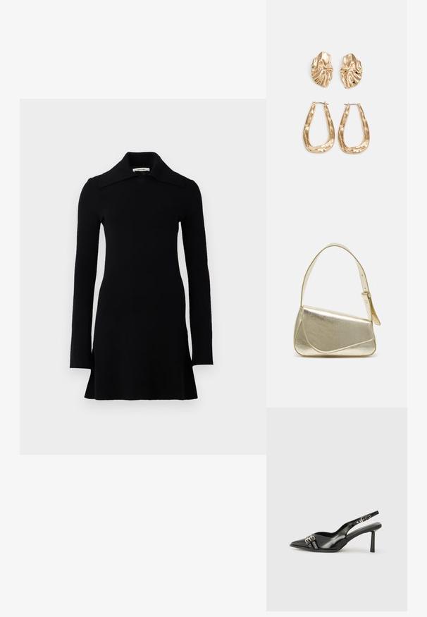 Zwarte lange mouw mini-jurk met een brede kraag, aansluitende taille en licht uitlopende zoom, weergegeven op een witte achtergrond.; Zwarte gepolijste leren slingback schoenen met een puntige neus, enkelbandjes met zilveren gespen en hardware, en een slanke hak.; Gouden metallic handtas met een gestructureerd ontwerp, gladde textuur en verstelbare schouderband. Kenmerkt zich door een unieke driehoekige vorm en minimalistische stiksels.; Gouden oorbellen met een getextureerd, golvend ontwerp. Bevat sculpturale clip-on studs en een open ringontwerp met een gehamerd oppervlak.