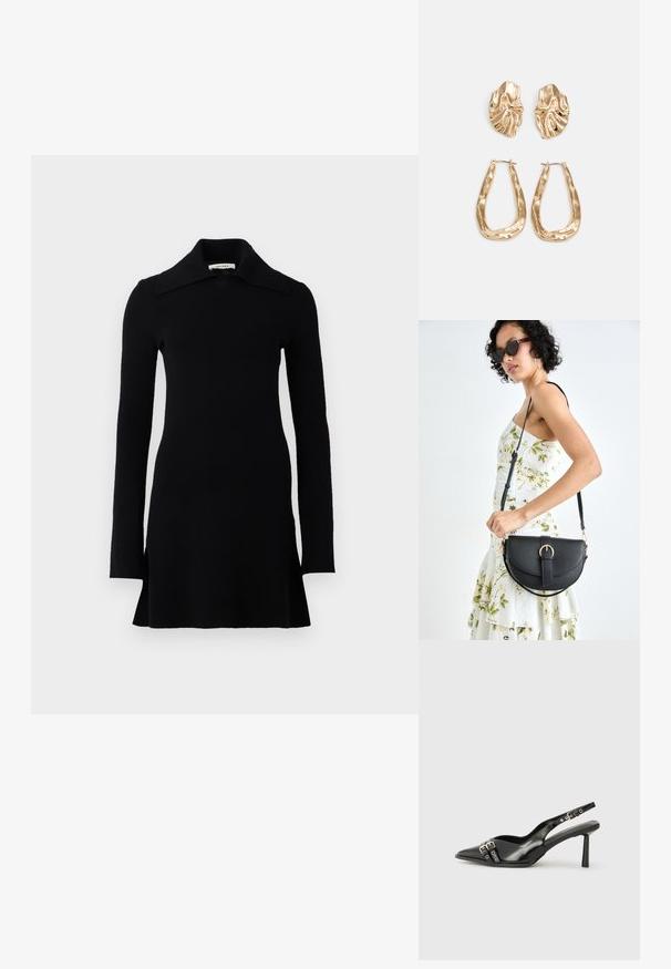 Černé mini šaty s dlouhým rukávem, širokým límcem, vypasovaným pasem a mírně rozšířeným lemem, zobrazené na bílém pozadí.; Černá lakovaná slingback obuv s špičatou špičkou, kotníkovými pásky s kovovými sponami a příslušenstvím, a štíhlým podpatkem.; Černá kožená kabelka s křivkovým tvarem, odnímatelným popruhem a zlatými detaily. Kabelka má klopu s přezkou.; Náušnice ve zlatém tónu s texturovanými, vlnitými tvary. Obsahují sochařské klipy a design otevřeného kruhu s kladivkovým povrchem.