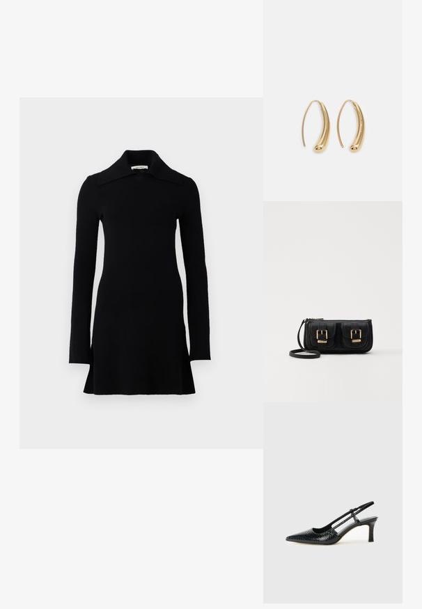 Černé mini šaty s dlouhým rukávem, širokým límcem, vypasovaným pasem a mírně rozšířeným lemem, zobrazené na bílém pozadí.; Černé lakované slingback podpatky s špičatou špičkou, zdobené texturovaným hadím vzorem, nastavovacím páskem a krátkým texturovaným blokovým podpatkem.; Černá kožená crossbody taška se dvěma předními kapsami, zlatými přezkami, zipovým uzávěrem a štíhlým popruhem. Texturovaný povrch a kompaktní obdélníkový tvar.; Náušnice ve tvaru kruhu z pozlaceného kovu s vroubkovaným, prodlouženým tvarem. Mají hladký, lesklý povrch a zaoblený konec pro zvýraznění detailu.