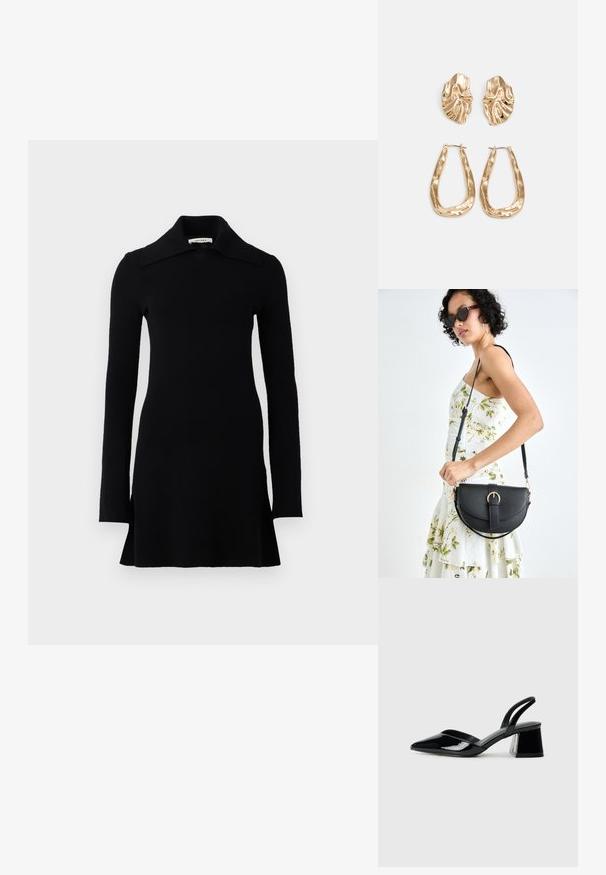 Czarna, długa mini sukienka z szerokim kołnierzem, dopasowaną talią i lekko rozkloszowanym dołem, zaprezentowana na białym tle.; Czarne lakierowane półbuty na obcasie z wydłużonym noskiem i geometrycznym słupkiem. Charakteryzują się eleganckim, minimalistycznym designem oraz gładką fakturą.; Czarna skórzana torebka o zakrzywionym kształcie, z odpinanym paskiem i złotymi akcentami. Torebka posiada klapę z zapięciem w kształcie klamry.; Złote kolczyki w odcieniu, prezentujące teksturowane, faliste kształty. Zawierają rzeźbiarskie klipsy i otwarty projekt kółek z młotkowanym wykończeniem.