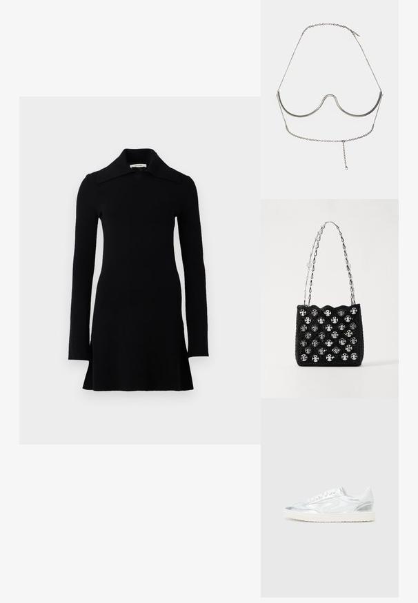 Abito mini nero a maniche lunghe con un ampio colletto, vita aderente e orlo leggermente svasato, esposto su uno sfondo bianco.; Scarpe da ginnastica bianche con accenti metallici argento, texture liscia, punta rotonda, suola piatta e design tradizionale con lacci.; Rabanne Borsa a mano - black/silver; Cult Gaia ASHA BODY JEWELRY - Altri accessori - bright shiny silver-coloured