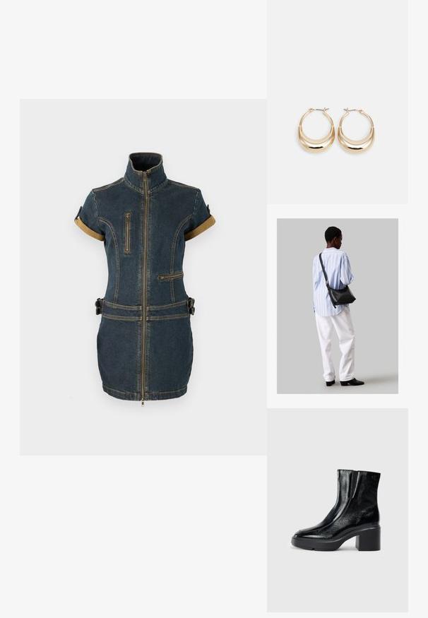Denimkjole med høy krage, korte ermer, to glidelåslommer og belte i midjen. Stoffet er mørkeblått med kontrastfargede brune detaljer.; Sorte lakkskinn ankelstøvler med buet tå, elastiske sidestykker og en chunky klossheel. Har preget logo på baksiden.; Svart lær skulderveske med en myk tekstur, trekantet form og justerbar stropp, kombinert med en lyseblå stripete skjorte og hvite bukser.; Gulltonede hoop-øreringen med en halvmåneform, polert overflate og hengsel-lukking. Glatt tekstur og reflekterende finish øker synligheten.