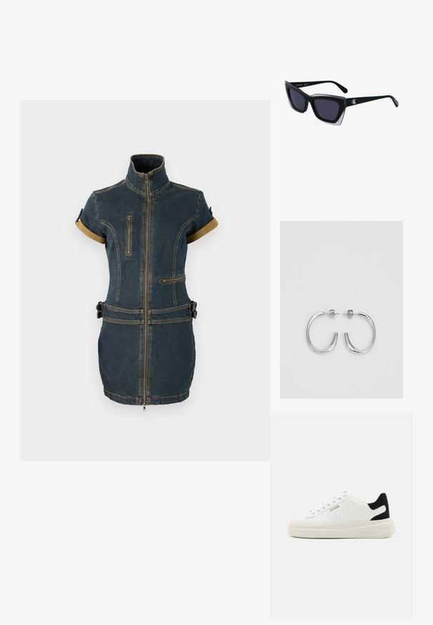 Denim mekko, jossa on korkea kaulus, lyhyet hihat, kaksi vetoketjullista taskua ja vyötärölle pujotettava vyö. Kangas on tummansininen, jossa on kontrastoivia ruskeita yksityiskohtia.; Valkoiset nahkakengät paksulla valkoisella pohjalla, mustalla mokkanahkaosuudella kannassa ja kohokuvioitu logo sivulla. Nauhakeskitys kuudella reiällä.; Mustat ylisuuret aurinkolasit, joissa on geometrinen muoto, tummat linssit ja kehykseen erottuva harmaa yksityiskohta. Logo varressa.; Hopehopeet hopehopeet hopehopeet hopehopeet, jolla on sileä, kiiltävä pinta. Pyöreä muoto, kevyt rakenne, jossa on neulakiinnitys.