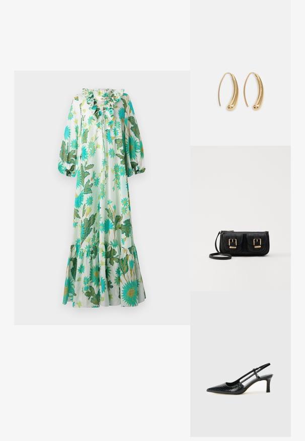 Rochie lungă, lejeră, cu un decolteu volanat, având un imprimeu floral și cu frunze în nuanțe de verde și albastru pe un fundal deschis. Mâneci evazate și poale.; Pantofi cu toc slingback negri din patent, cu vârf ascuțit, cu imprimeu de șarpe texturat, curea ajustabilă și toc scurt texturat.; Geantă neagră din piele, tip crossbody, cu două buzunare frontale, catarame aurii, închidere cu fermoar și o curea subțire. Suprafață texturată și formă rectangulară compactă.; Cercei din metal auriu, cu un design curbat și alungit. Au o suprafață netedă și strălucitoare, cu un vârf rotunjit pentru un detaliu suplimentar.