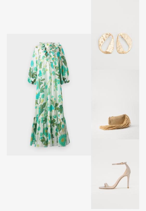 Garšīga, viegla kleita ar viļņotu apkakli, kas rotāta ar ziedu un lapu rakstu zaļā un zilā krāsā uz gaiša fona. Platas piedurknas un apakšmalu.; Sandales ar augstiem papēžiem ar siksniņām, izgatavotas no metāliskas rozā zelta, ar teksturētu virsu, atvērtu purngalu un potītes siksniņu ar zelta sprādzi.; Cult Gaia VIERA - Vakarsomiņa - natural; Pāris neregulāras ovālas formas zelta toņos metāla auskaru ar teksturētu, nedaudz sitētu virsmu uz baltas fona.