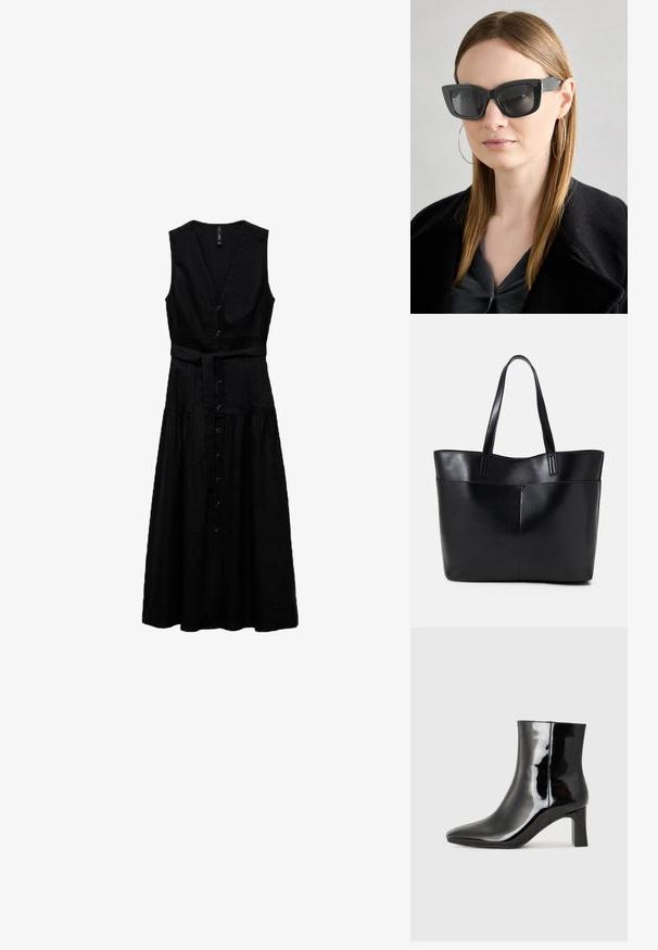 Črna brezrokavnik obleka z V-izrezom, z gumbnim zapiranjem na sprednji strani, nastavljivim pasom v pasu in razširjeno hemline. Narejena iz lanu.; Črne lakirane gležnjarje z ošiljenim nosom in srednje visokim blokastim peto. Gladka tekstura in minimalističen dizajn.; Črne mačje očala s temnimi lečami, debelimi okvirji in subtilnimi detajli. Oblečena z črnim plaščem in sivim zgornjim delom, z dolgimi ravnimi lasmi.; Črna usnjena torba z dvema dolgima ročajema, gladko teksturo in strukturirano obliko. Ima sprednji žep za dodatno shranjevanje.