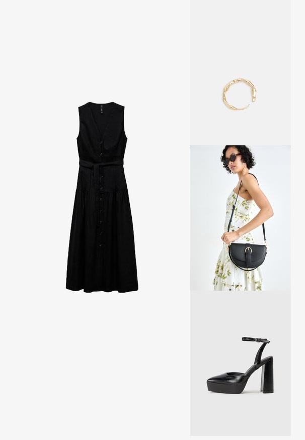 Schwarzes ärmelloses Kleid mit V-Ausschnitt, Knopfverschluss vorne, verstellbarem Gurt in der Taille und ausgestelltem Saum. Aus Leinen gefertigt.; Schwarze Plateau-High Heels mit spitzem Zeh und verstellbarem Knöchelriemen. Gefertigt aus glattem Leder und mit einem klobigen Blockabsatz.; Schwarze Lederhandtasche mit geschwungener Form, abnehmbarem Tragegurt und goldenen Beschlägen. Die Tasche verfügt über einen Deckel mit einer Schnallen-Details.; Goldfarbener Ring mit einem organischen, gedrehten Design, glatter Oberfläche und sich verjüngenden Enden, was ein modernes, skulpturales Erscheinungsbild erzeugt.