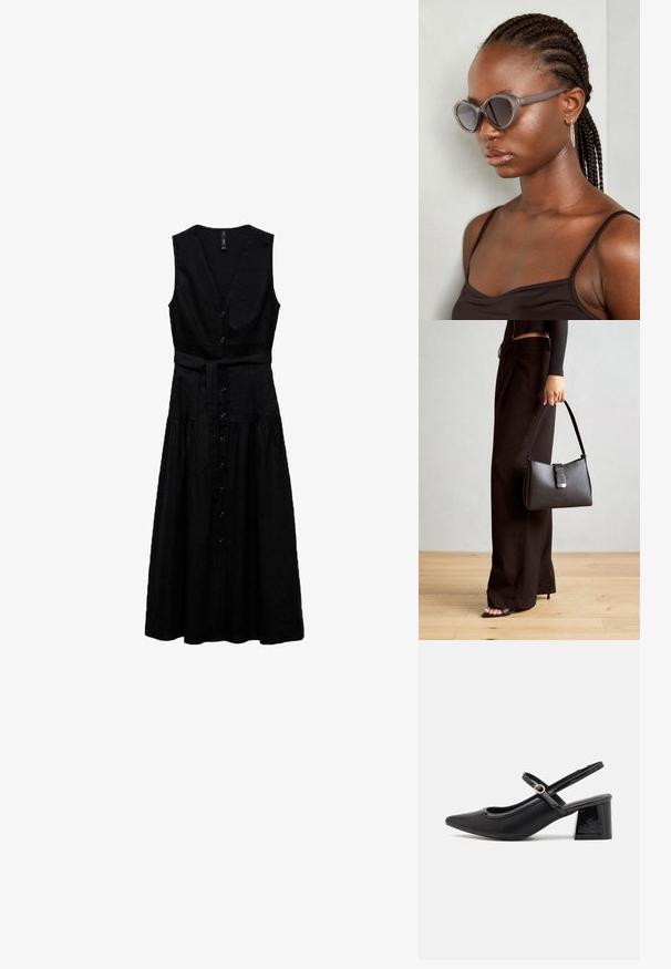 Czarna sukienka bez rękawów z dekoltem w serek, z guzikami z przodu, regulowanym paskiem w talii i rozszerzanym dołem. Wykonana z lnu.; Czarne lakierowane czółenka na słupku ze spiczastym noskiem, lekko zaokrąglonym wycięciem i obcasem w kształcie bloku. Posiadają złotą klamrę jako akcent dekoracyjny.; Szare, przerośnięte okulary przeciwsłoneczne o zaokrąglonym kształcie i ciemnych soczewkach. Smukła plastikowa oprawka o gładkim wykończeniu. Model ma warkocze.; Czarna torebka o usztywnionym kształcie, gładkiej fakturze i metalowym zapięciem. Połączona z szerokimi czarnymi spodniami i sandałami na otwartym palcu na drewnianej podłodze.