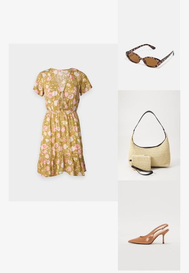 Cvjetna haljina s V-izrezom u maslinastoj boji, sa kratkim rukavima, elastičnom strukom, i volanima na donjem dijelu s ružičastim i plavim cvjetnim uzorcima.; Sandal s petom u obliku šiljastog prsta od glatkog, sjajnog smeškastog materijala. Ima zakrivljeni izrez i vitku štiklu. Detalj s srebrnom kopčom.; Naočale od kornjače s ovalnim lećama, smeškanim tonovima, tanke nogice s teksturiranim uzorkom, lagani plastični okvir.; Tkana torba od slame s zakrivljenom siluetom, koja sadrži glatku crnu kožnu naramenicu i odgovarajući mali neseser koji je pričvršćen narukvicom.