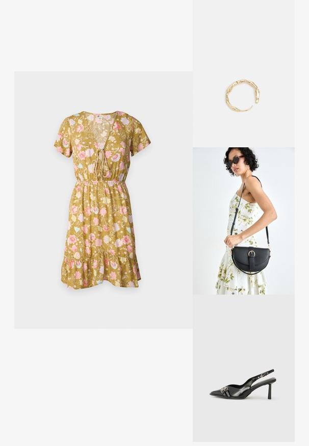 Cvetna obleka z V-izrezom v olivno zeleni barvi, ki ima kratke rokave, pas na vrvico in nabran rob s pink in modrimi cvetličnimi vzorci.; Črne patentne usnjene sandale s koničastim nosom, zankami okoli gležnja s srebrnimi sponkami in opremo ter vitkimi petami.; Črna usnjena torbica s ukrivljeno obliko, z odstranljivo naramnico in zlatimi dodatki. Torbica ima pokrov s podrobnostmi v obliki zaponke.; Zlati prstan s organskim, zvitim dizajnom, gladko površino in taperiranimi konci, ki ustvarja modernega, skulpturalnega videza.