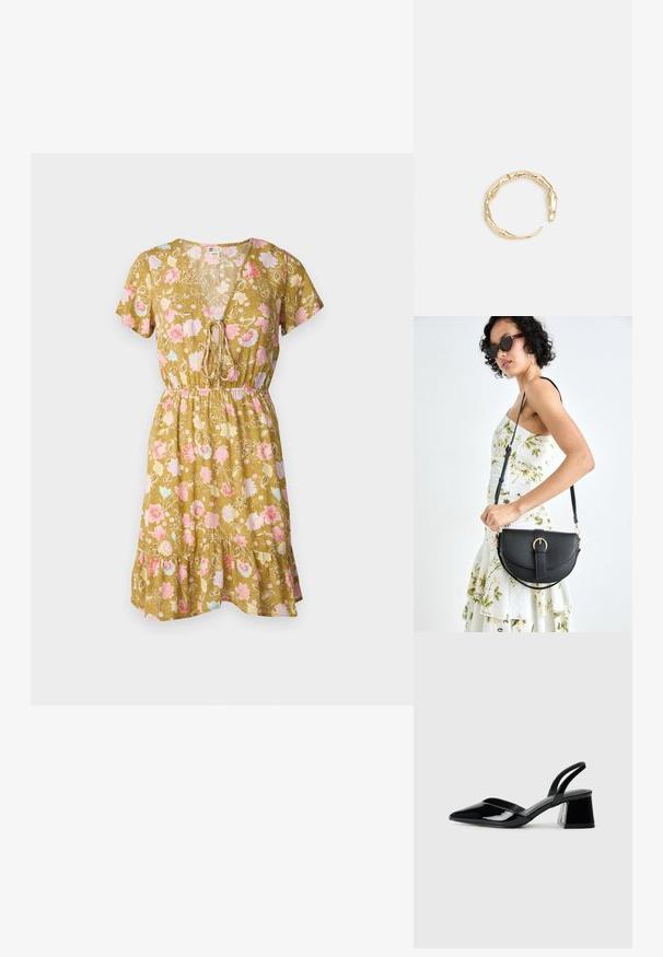 Õhuline V-kaelusega kleit oliivirohelises värvitoonis, millel on lühikesed varrukad, kummiga talje ja volangiga alus, millel on roosa ja sinise lillemustriga.; Mustad musta lakknahk kingad, millel on terav varvas ja geomeetriline plokkkonts. Omab elegantselt minimalistlikku disaini ja sujuvat tekstuuri.; Mustmust mustraha kõverate joontega, eemaldatava rihmaga ja kuldsete detailidega. Kotil on klapp, millel on pandladetail.; Kuldtoonis sõrmus, millel on orgaaniline, keerdunud disain sileda tekstuuri ja kitsenevate otstega, luues kaasaegse skulptuurilise välimuse.