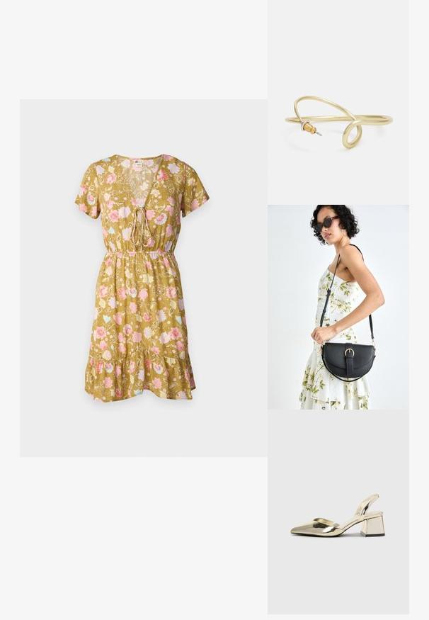 Vestido floral de cuello en V en verde oliva, con mangas cortas, cintura con cordón y un dobladillo con volantes decorado con patrones de flores en rosa y azul.; Tacones slingback metálicos dorados con punta afilada y tacón grueso. Textura suave, diseño minimalista y una correa estrecha.; Bolso de piel negra con forma curva, correa desmontable y herrajes dorados. El bolso cuenta con una solapa con un detalle de hebilla.; Pulsera de metal color oro con un diseño fluido y curvado. Presenta un pequeño acento plateado prominente en un extremo.