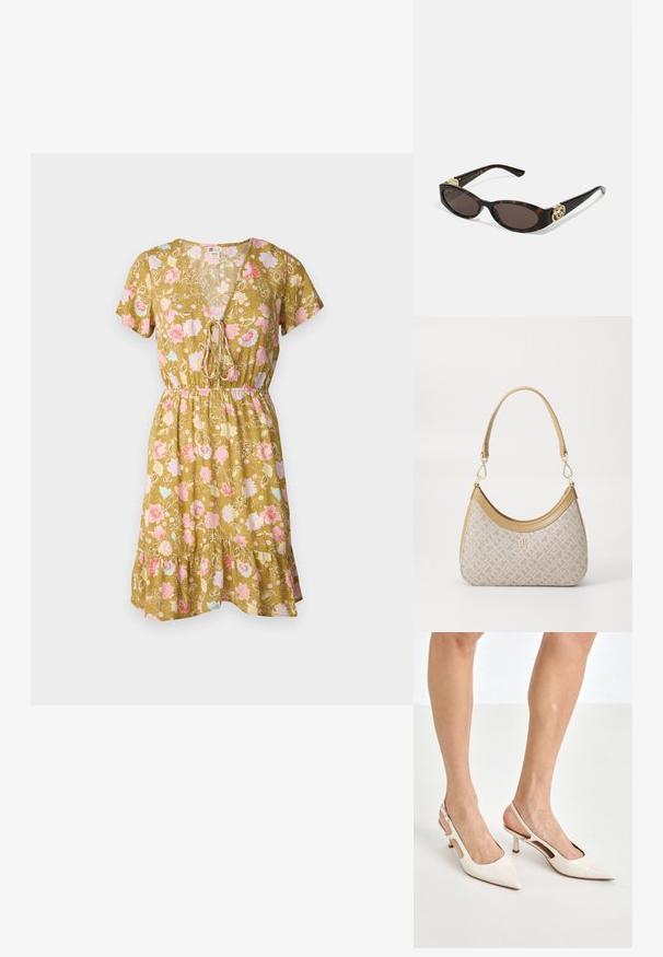 Blomstret V-halskjole i olivengrøn, med korte ærmer, snøre i taljen og en volangkant med pink og blå blomstermønstre.; Beige patenterede læder slingback hæle med spids tå og 5 cm hæl, med udskårne sider og en tynd ankelrem.; Skildpaddemønster solbriller med aflange ovale linser, brun farve, guldlogo accenter på stængerne og slanke sorte arme.; Beige mønsteret taske med en buet form, læderdetaljer og et guldtonet logo på fronten. Har et kort håndtag for nem bæring.