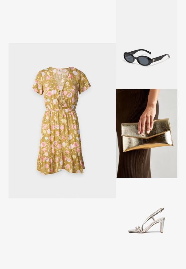 Cvjetna haljina s V-izrezom u maslinastoj boji, sa kratkim rukavima, elastičnom strukom, i volanima na donjem dijelu s ružičastim i plavim cvjetnim uzorcima.; Metalni srebrni sandali s visokom petom i otvorenom prstima, sa tri tanke trake preko stopala i trakom za gležanj sa kopčom.; Crne ovalne sunčane naočale s tamnim staklima, sjajnim plastičnim okvirom, širokim krakovima i malim zlatnim detaljem s jedne strane.; Zlatna metalik torbica s glatkom teksturom, s trokutastim zatvaranjem na preklop. Ruka koja je drži ima uredno nj njegovane nokte.