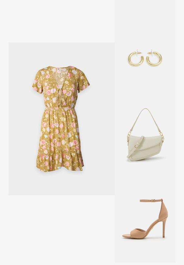 Floral V-neck dress in olive green, featuring short sleeves, a drawstring waist, and a ruffled hem with pink and blue flower patterns.; ALDO CRERIDE PILLOW WALK - Sandals - beige; Small cream handbag with a textured finish, a long adjustable strap, a chain accent, and a flap closure. Gold hardware detailing.; Gold hoop earrings with a smooth, shiny finish. Circular design featuring a small post and clear backing for secure wear.