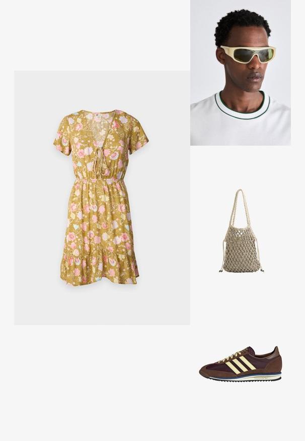 Blumenmuster V-Ausschnitt-Kleid in Olivgrün, mit kurzen Ärmeln, einem Kordelzug in der Taille und einem gerafften Saum mit rosa und blauen Blumenmustern.; Braune und burgunderfarbene Sneaker aus Wildleder und Mesh-Materialien, mit drei cremefarbenen Streifen, strukturiertem Stoff an der Zunge und einer Gummisohle.; Sonnenbrille mit einem durchsichtigen gelben Rahmen und grün getönten Gläsern. Winkeliges Design mit breiten Bügeln, getragen mit einem weißen Hemd mit grünen Akzenten.; Webte helle Tasche mit einem netzartigen Design, ausgestattet mit zwei geflochtenen Tragegriffen und einem Kordelzugverschluss, akzentuiert mit dunklen Perlendetails.