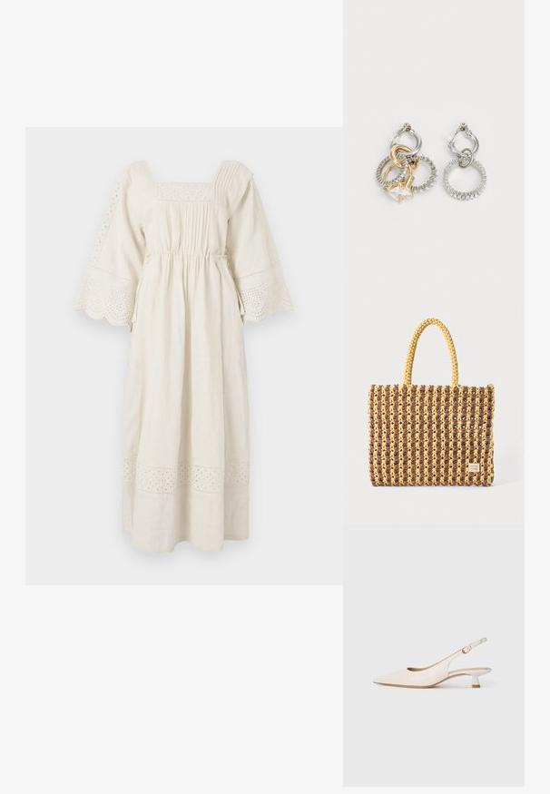 Kremowa sukienka z lnu z kwadratowym dekoltem, rozszerzanymi rękawami i dekoracyjnym wykończeniem z koronką w krateczkę. Posiada zebrany pas i plisowane detale.; Kremowy, spiczasty but na odkrytej pięcie z niskim obcasem w kształcie kociego pazura i złotym klamrą na jednolitym białym tle.; Torbę plecioną w kolorze brązowym i żółtym, o prostokątnym kształcie, z dwiema uchwytami oraz teksturowanym wykończeniem z widocznym szwem i metką marki.; Kolczyki typu hoop z plecionymi złotymi i srebrnymi pierścieniami, z akcentem w postaci przezroczystego cyrkonii oraz teksturowaną obrączką na jednym z pierścieni.