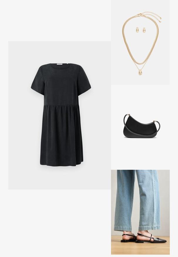 Schwarzes Kleid mit rundem Ausschnitt, kurzen Ärmeln und einer mehrstufigen, gerafften Taille aus einem glatten, weichen Material.; Schwarze Lederslingback-Schuhe mit spitzer Zehe, flachem Absatz und Knöchelriemen; getragen mit hellblauen, weit geschnittenen Jeans.; Schwarze Leder-Schultertasche mit geschwungenem Design, ausgestattet mit einem strukturierten Riemen und goldfarbenen Beschlägen am oberenverschluss. Glatte Oberfläche.; Goldschmuckset mit einer mehrschichtigen Halskette und einem Tropfenanhänger sowie passenden Ohrsteckern, alles in einem polierten Finish.