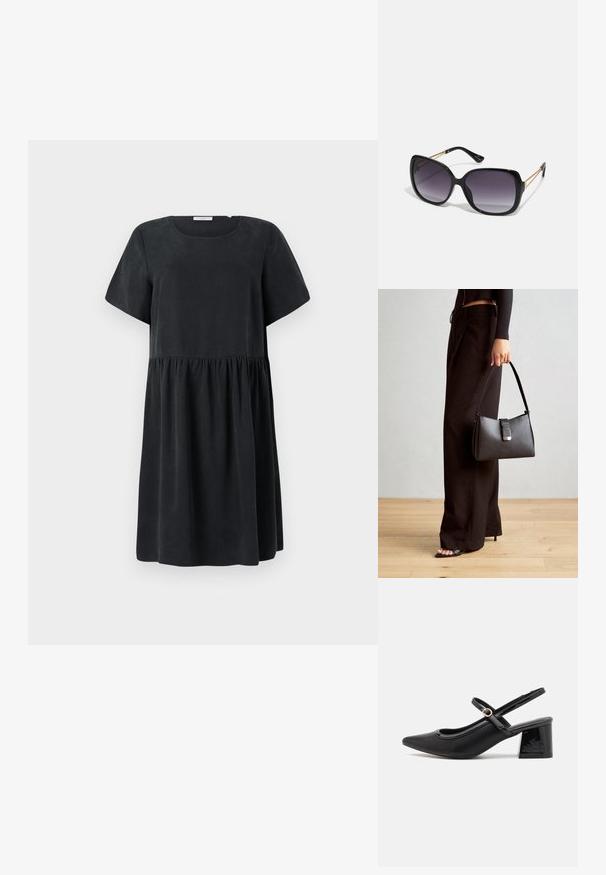 Melnā kleita ar noapaļotu kakla izgriezumu, īsām piedurknēm un kārtainu savilkta jostas daļu ar gludu, mīkstu tekstūru.; Melns patentēts ādas sandales ar norādīta pirksta formu, noapaļotu izgriezuma dizainu un bloķētu papēdi. Iezīmēta ar zelta toņa sprādzi.; Melni pārmērīgi lieli saulesbrilles ar gradāciju lēcām, biezām rāmja malām un zeltainas krāsas ķēžu detaļām uz tempļiem.; Melnā somiņa ar strukturētu formu, gludu tekstūru un metālu sprādzi. Saskaņota ar platām melnām biksēm un sandālēm ar atvērtu purngalu uz koka grīdas.