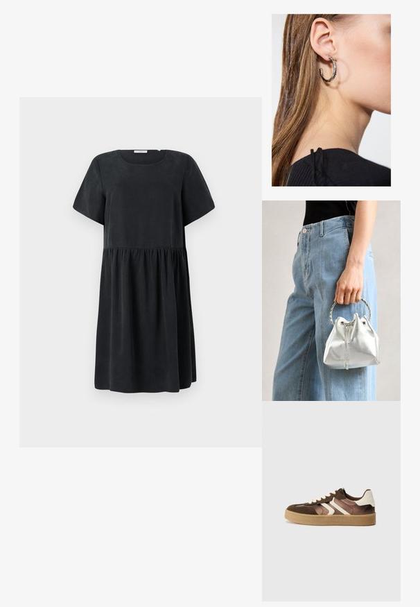 Schwarzes Kleid mit rundem Ausschnitt, kurzen Ärmeln und einer mehrstufigen, gerafften Taille aus einem glatten, weichen Material.; Braune und cremefarbene Sneakers aus einer Kombination von Wildleder und Satin, mit drei diagonalen Streifen und einer strukturierten Gummisohle.; Metallisch silberne Bucket Bag mit strukturiertem Finish, verziert mit einem silbernen runden Griff und Kordelzugverschluss, gehalten vor hellblauen Jeans.; Silberne Creolen mit polierter Oberfläche, die kleine goldene Akzentdetails und eine runde Form aufweisen, am Ohrläppchen getragen.