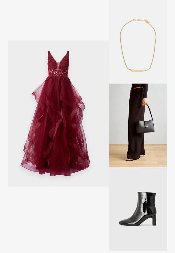 Mascara Îmbrăcăminte de ocazie - wine; Botine negre din piele lacuită, cu vârful ascuțit și toc bloc de înălțime medie. Textură netedă și design minimalist.; Genți negre cu o formă structurată, textură netedă și un închizător metalic. Asortată cu pantaloni negri largi și sandale cu vârf deschis pe un podea din lemn.; Colier placat cu aur, cu un accent central neted și curbat. Dispune de o chaină flexibilă cu un închizător tip homar și link-uri suplimentare ajustabile.