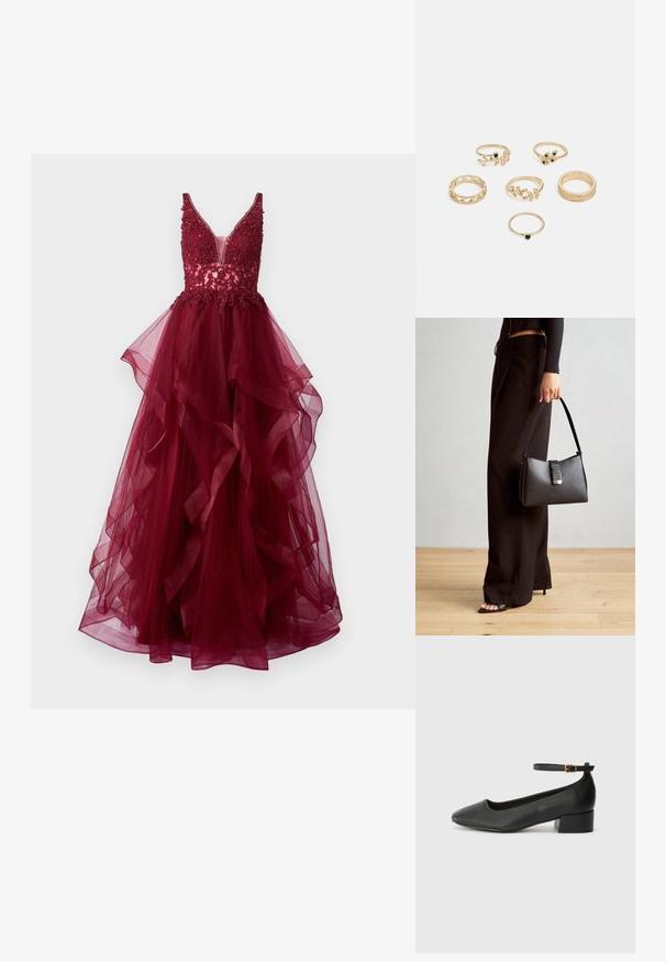Mascara Alkalmi viselet - wine; Fekete bőr magassarkú cipő hegyes orral és alacsony tömb sarkal. Bokapánttal rendelkezik, aranyszínű csattal. Simább textúra.; Fekete kézi táska strukturált formával, sima textúrával és fémből készült záródással. Széles fekete nadrággal és nyitott orrú szandállal párosítva, fából készült padlón.; Hat gyűrűből álló készlet arany színben, különböző mintákkal: fonott, levélmotívumokkal és sima karikák; néhány zöld drágakő díszítéssel.