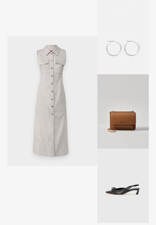 MAX&Co. VANNA - Tričkové šaty - light grey; Čierne kožené sandále s úzkym prstom, malým opätkom a dekoratívnou sponou na vrchnej časti. Hladká textúra, minimalistický dizajn.; Hnedá textúrovaná kožená taška cez telo s zlatým reťazovým popruhom a preklopným uzáverom. Predná strana obsahuje detail s logom a vrecko pod preklopkou.; Strieborné kruhové náušnice majú hladký, zaoblený dizajn s tenkým profilom a bezpečným zapínaním. Minimalistický štýl s lešteným povrchom.