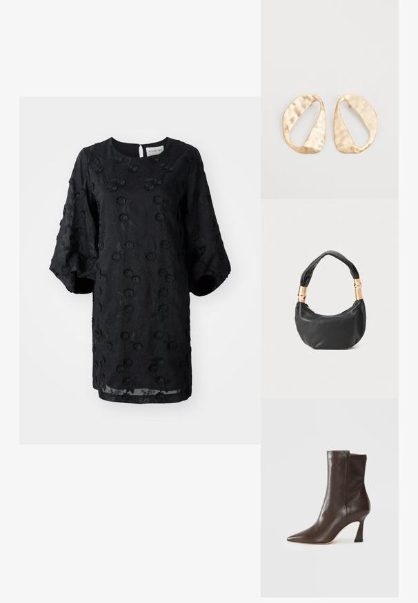 Černé šaty s texturovaným květinovým vyšíváním, kulatým výstřihem a krátkými nabíranými rukávy. Lehká tkanina s délkou do kolen.; Tmavě hnědá kožená kotníková bota s špičatou špičkou, zakřiveným tenkým podpatkem a hladkým povrchem na bílém pozadí.; Černá kožená kabelka s kulatým tvarem, měkkou texturou a uzlovou rukojetí se zlatými kovovými detaily. Zapínání na zip.; Pár nepravidelných oválných náušnic z kovu pozlaceného zlatem s texturovaným, mírně kladivkovým povrchem na bílém pozadí.