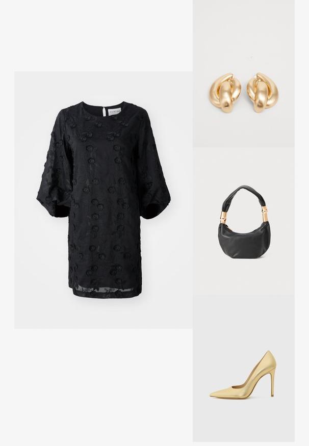 Czarna sukienka z haftem w teksturze kwiatowej, okrągłym dekoltem i krótkimi bufiastymi rękawami. Lekki materiał z długością do kolan.; Złote metaliczne szpilki z ostrym noskiem i obcasem typu stiletto, prezentowane z boku na jednolitym jasnym tle.; Czarna skórzana torebka o okrągłym kształcie, miękkiej fakturze i wiązanym uchwycie z akcentami w złotym odcieniu. Zamek błyskawiczny.; Złote kolczyki metalowe o skręconym wzorze z gładką, błyszczącą powierzchnią i zaokrąglonymi kształtami. Każdy z nich ma około 2 cali.