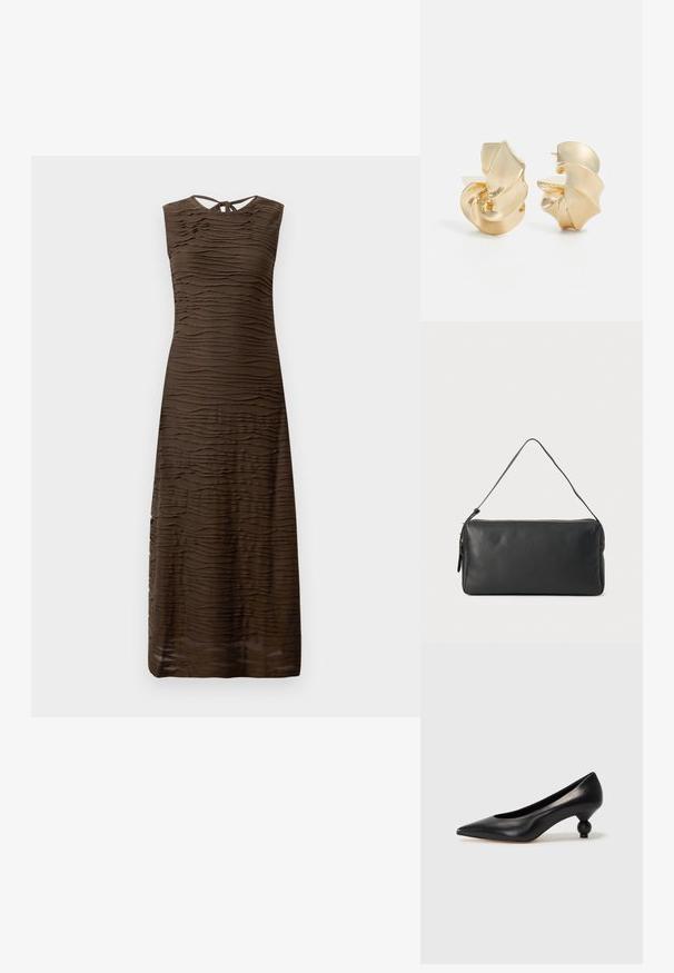 Bez piedurknēm tumši brūns maksi kleita ar teksturētām viļņotām horizontālām svītrām un mazu atslēgvietu ar saišu aizdari muguras kaklā.; Melnas ādas augstpapēžu kurpes ar smailu purngalu un apaļu papēdi. Gluda tekstūra ar elegantu, minimālistisku dizainu.; Melna ādas rokassoma ar šauru taisnstūra formu, ar rāvējslēdzēju aizdari un vienu plecu siksnu. Iezīmējas ar gludu tekstūru un minimālistisku dizainu.; Tekstūrēti zelta toņa metāla auskari ar skulpturālu spirāles dizainu. Iespējas ar gludām virsmām un gaismu atspoguļojošām līknēm.