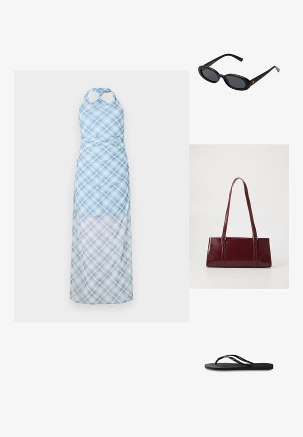 Hellblaues Halbdress mit Karomuster, das eine taillierte Brustpartie und einen fließenden, transparenten Rock hat. Das Material scheint leicht und sanft zu sein.; Schwarze Flip-Flops mit einer strukturierten Gummisohle, zwei schlanken Riemen und einem dezenten, geprägten Logo-Detail auf dem Riemen.; Schwarze, oversized Sonnenbrillen mit ovalen Gläsern, glattem Kunststoffrahmen und goldenen Akzenten an den Bügeln. Die dunklen Gläser bieten Sonnenschutz.; Burgunderfarbene Handtasche aus glänzendem Material, rechteckige Form, mit zwei Schulterriemen und subtilen, geschwungenen Akzenten an der Vorderseite.